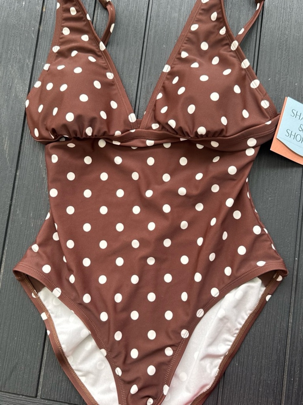 Polka Dot Brown One-Piece Swimsuit with V-Neck
